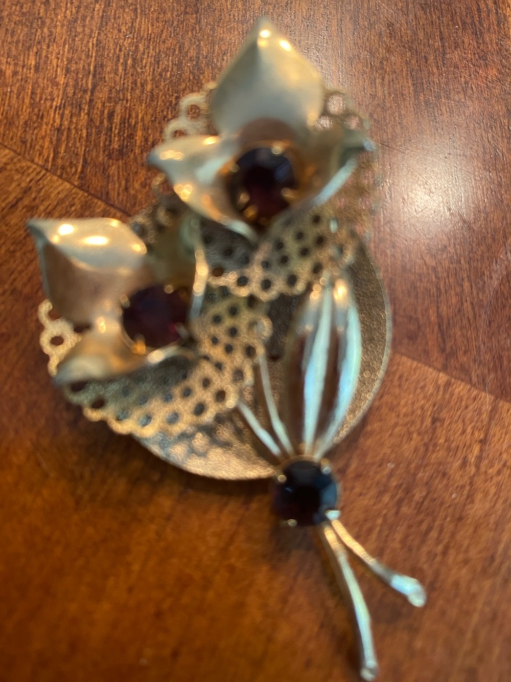 Vintage Gold-tone Floral Brooch with red Gem Accents